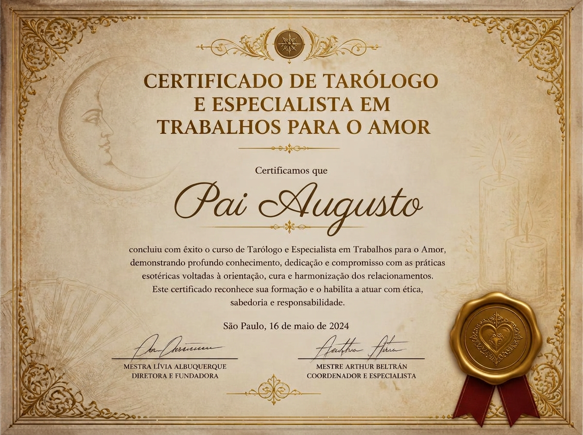 Certificado de Tarólogo e Especialista em Trabalhos para o Amor emitido a Pai Augusto