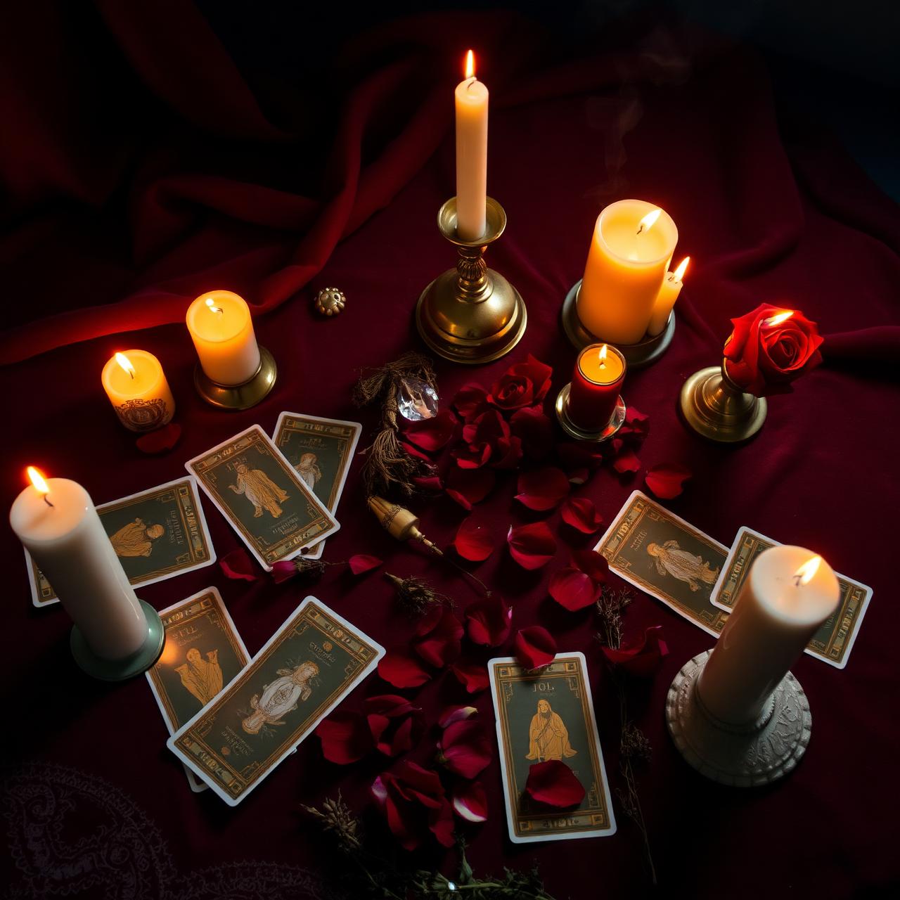 Mesa mística com velas acesas, cartas de tarô e rosas vermelhas