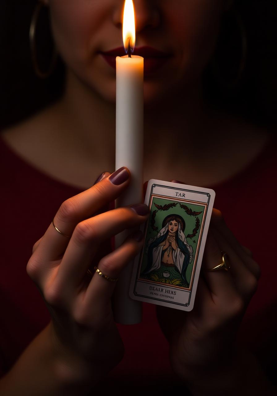 Mãos de Pai Augusto segurando uma vela acesa e uma carta de tarô